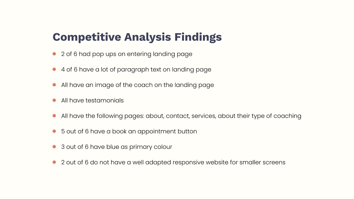 Competitive analysis findings. 2 of 6 had pop ups on entering landing page. 4 of 6 have a lot of paragraph text on landing page. All have an image of the coach on the landing page. All have testamonials. All have the following pages: about, contact, services, about their type of coaching. 5 out of 6 have a book an appointment button. 2 out of 6 have blue as primary colour. 2 out of 6 do not have a well adapted responsive website for smaller screens.